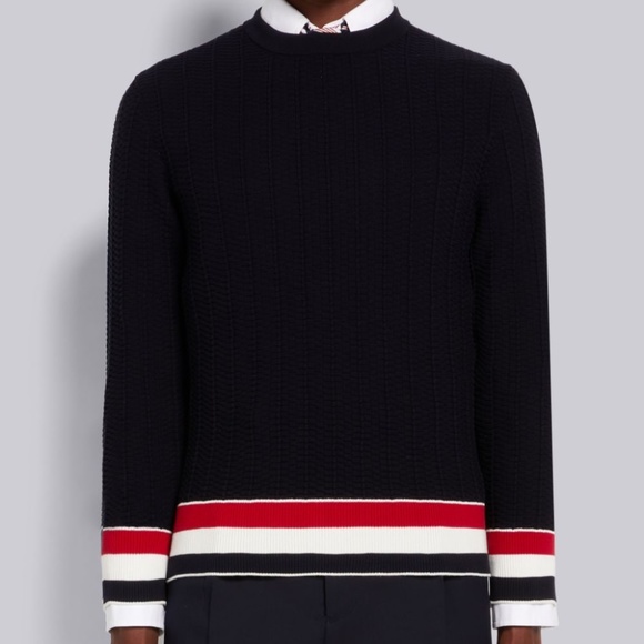 THOM BROWNE NAVY TEXTURED COTTON STRIPE RIB CREW NECK PULLOVER - Picture 12 of 16